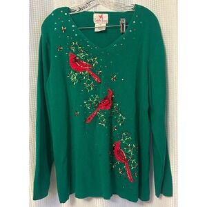 VTG Quacker Factory Womens Green Cardinals & Sequins Sweater Size XL Grandmacore